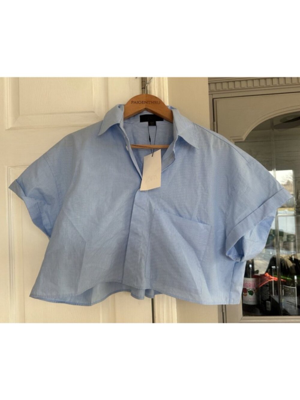 Zara Medium Cropped Short Sleeve Button Up Striped Shirt Blue Coastal - Picture 2 of 8